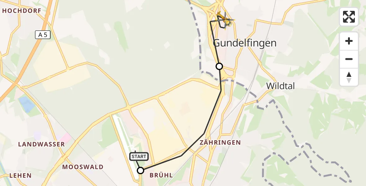 Flugroute Ambulanzhubschrauber Freiburg im Breisgau Flugplatz - Gundelfingen, 18 September 2026, 09:23