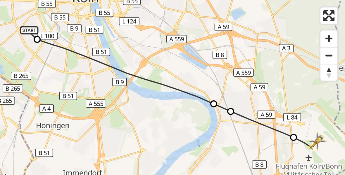 Flugroute Rettungshubschrauber Köln University Hospital - Köln Bonn Flughafen, 18 September 2026, 09:24