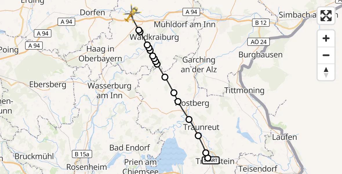 Flugroute Rettungshubschrauber Traunstein Hospital - Obertaufkirchen, 18 September 2026, 09:24