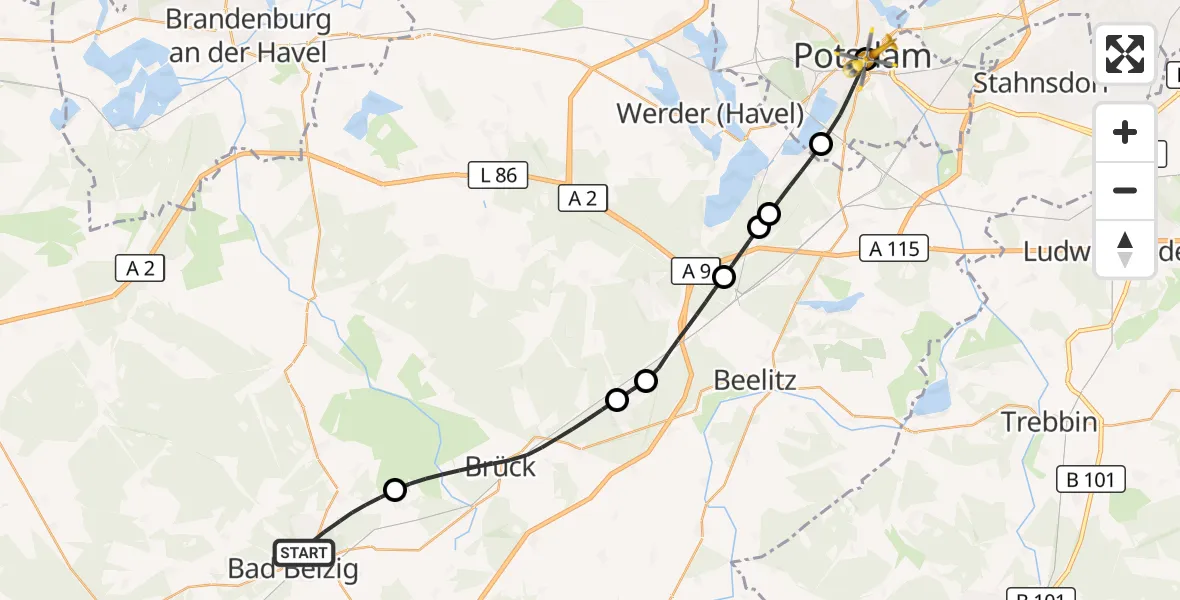 Flugroute Rettungshubschrauber Bad Belzig - Ernst von Bergmann Clinic Hubschrauberlandeplatz, 18 September 2026, 09:26