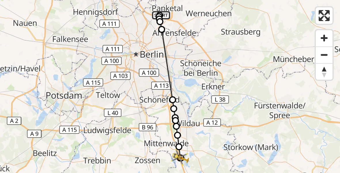 Flugroute Rettungshubschrauber Helios Clinic Berlin-Buch - Bestensee, 18 September 2026, 09:30