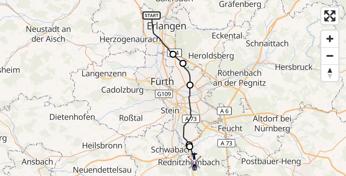 Flugroute Polizeihubschrauber Erlangen - Schwanstetten, 18 September 2026, 09:32