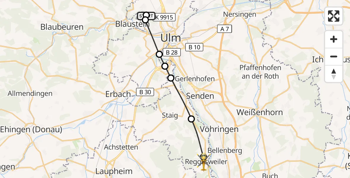 Flugroute Rettungshubschrauber Ulm Military Hospital Emergency - Dietenheim, 18 September 2026, 09:34
