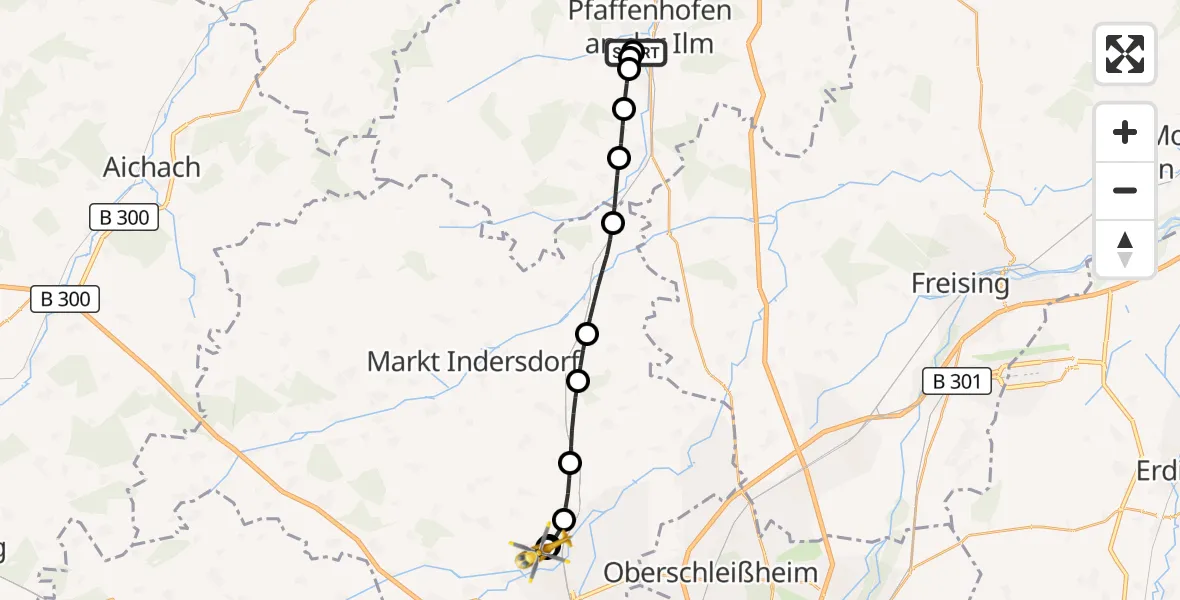 Flugroute Rettungshubschrauber Ilmtal Hospital Pfaffenhofen - Helios Clinic Dachau, 18 September 2026, 09:37