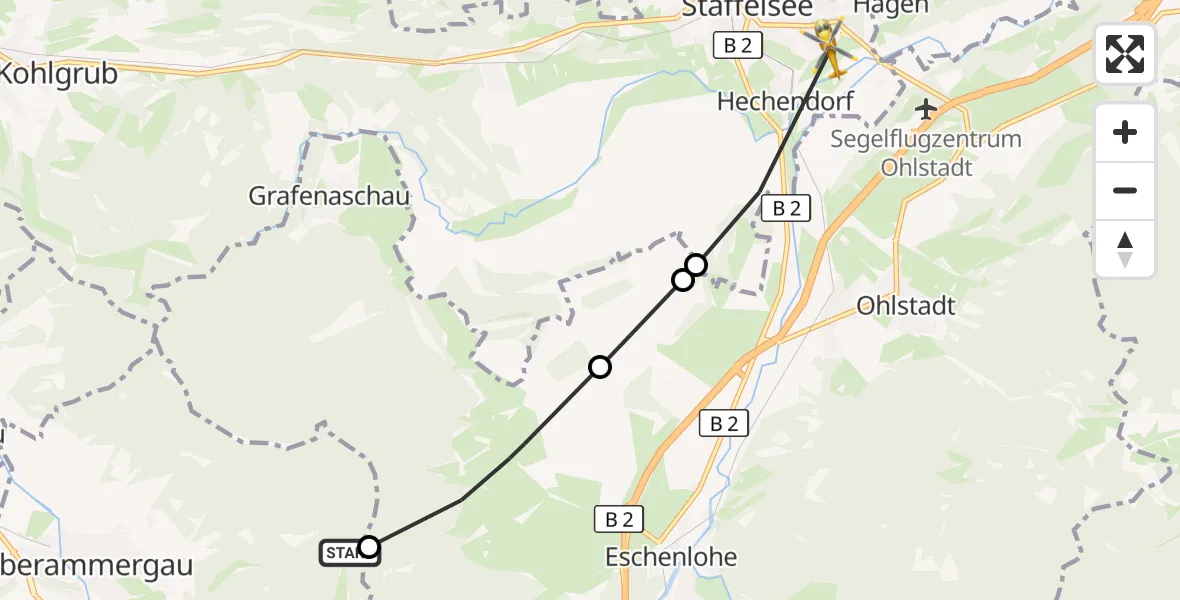 Flugroute Rettungshubschrauber Oberammergau - Murnau Accident Hospital Hubschrauberlandeplatz, 18 September 2026, 09:42