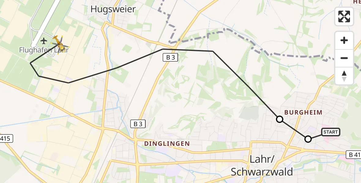 Flugroute Rettungshubschrauber Ortenau Hospital Lahr-Ettenheim - Lahr Flughafen, 18 September 2026, 09:42