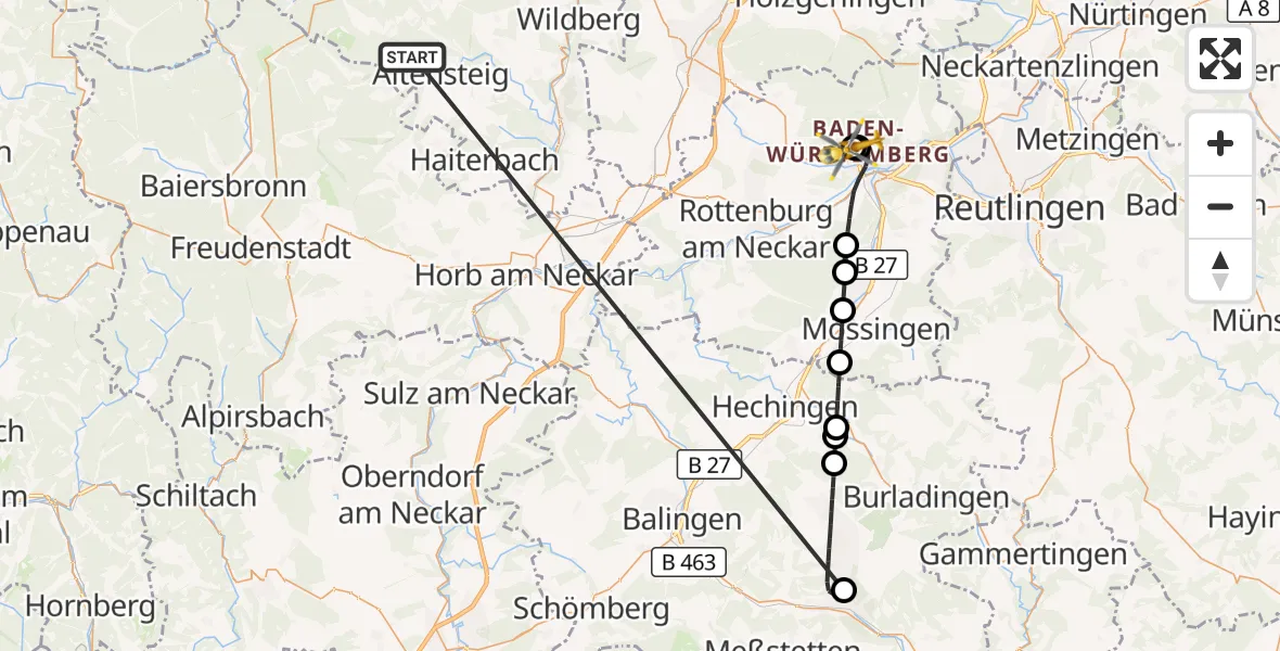 Flugroute Ambulanzhubschrauber Altensteig - Tübingen Trauma Hospital, 18 September 2026, 09:43
