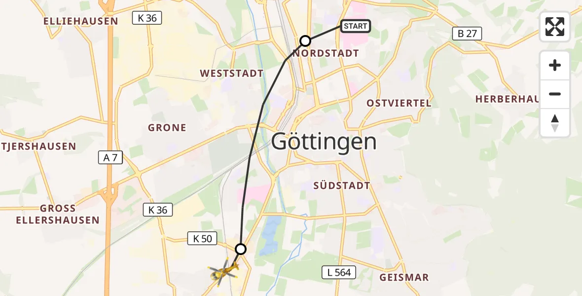 Flugroute Rettungshubschrauber Göttingen University Clinic Hubschrauberlandeplatz - Rosdorf, 18 September 2026, 09:44