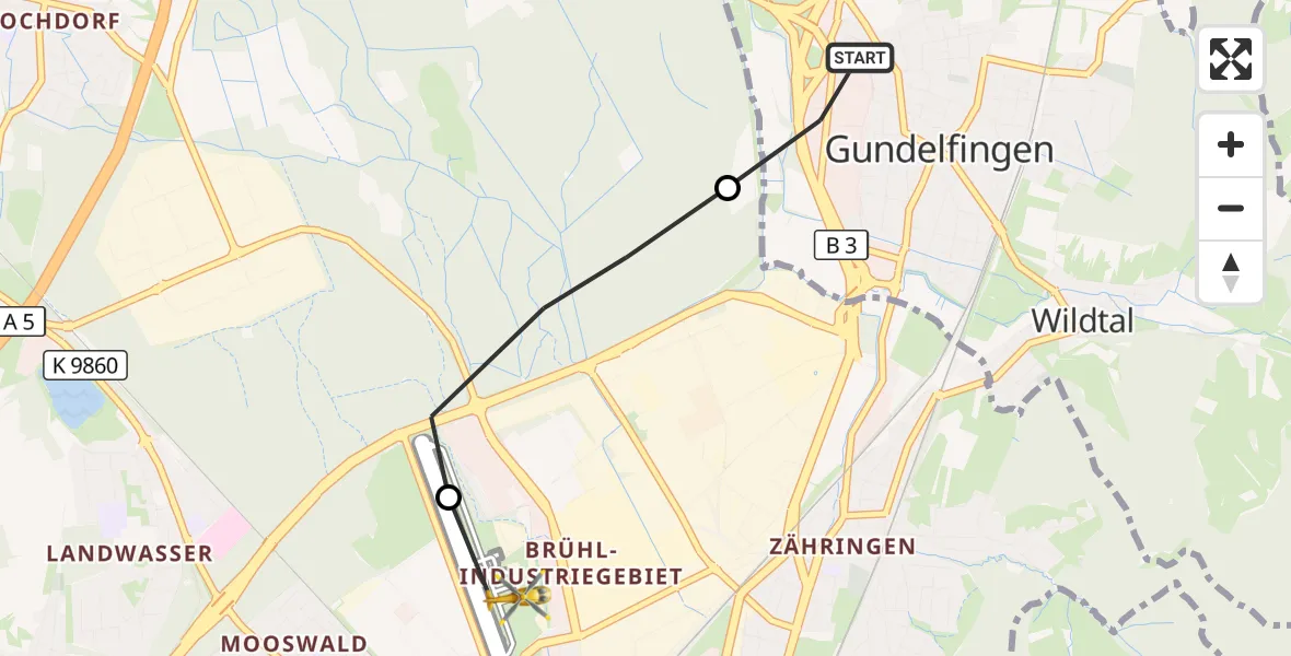 Flugroute Ambulanzhubschrauber Gundelfingen - Freiburg im Breisgau Flugplatz, 18 September 2026, 09:58