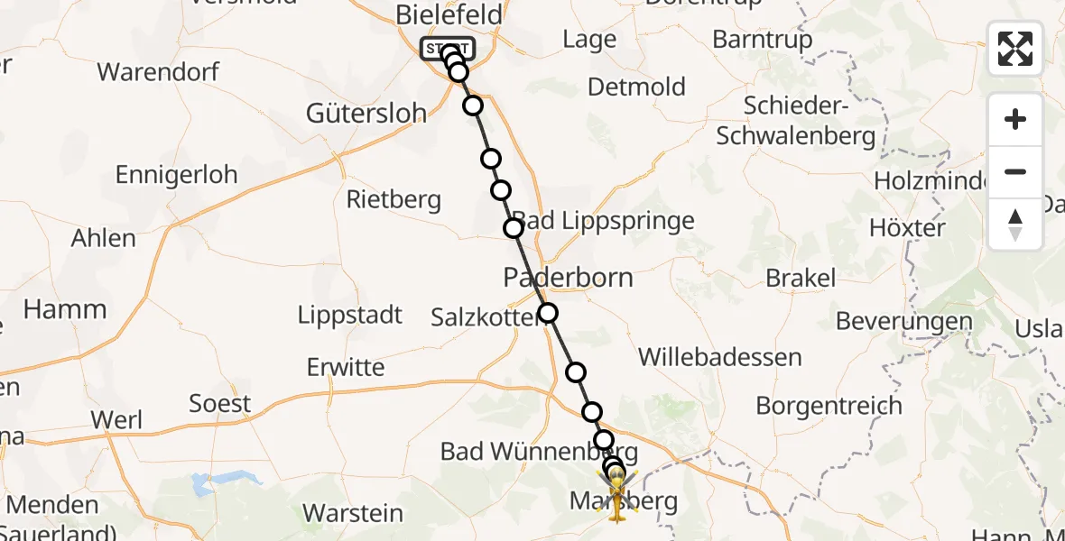 Flugroute Rettungshubschrauber Luftrettungszentrum Bielefeld - Marsberg, 18 September 2026, 10:06