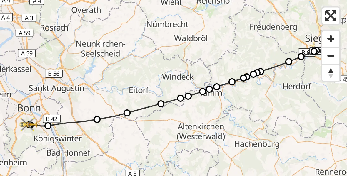 Flugroute Rettungshubschrauber Evangelisches Jung-Stilling Hospital - Bonn University Hospital, 18 September 2026, 10:07