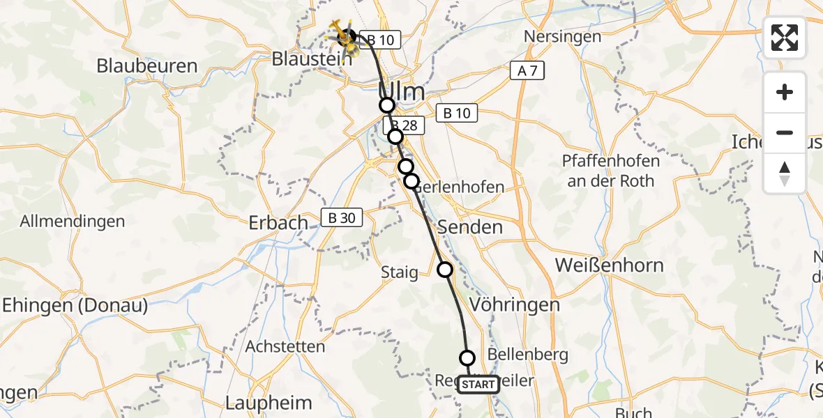 Flugroute Rettungshubschrauber Dietenheim - ADAC Air Rescue Station Ulm (Christoph 22), 18 September 2026, 10:09