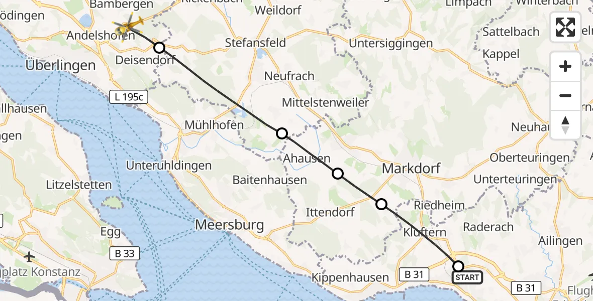 Flugroute Rettungshubschrauber Friedrichshafen Hospital - Überlingen, 18 September 2026, 10:25
