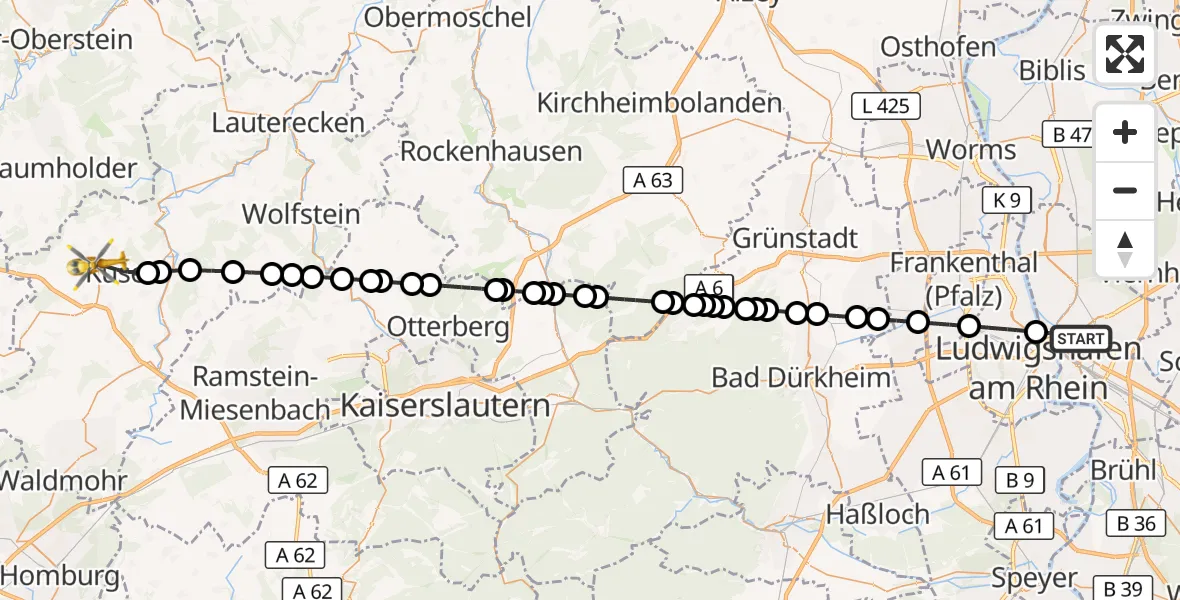 Flugroute Rettungshubschrauber Mannheim - Ruthweiler, 18 September 2026, 10:27