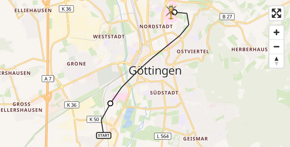 Flugroute Rettungshubschrauber Rosdorf - Göttingen University Clinic Hubschrauberlandeplatz, 18 September 2026, 10:32