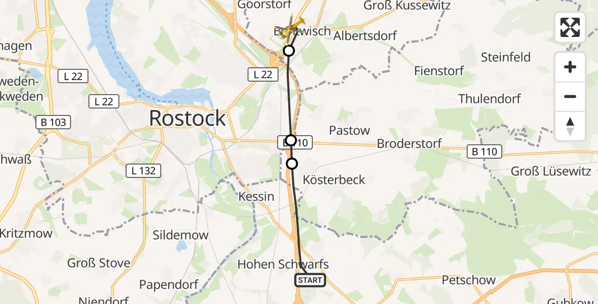 Flugroute Ambulanzhubschrauber Dummerstorf - Bentwisch, 18 September 2026, 10:33