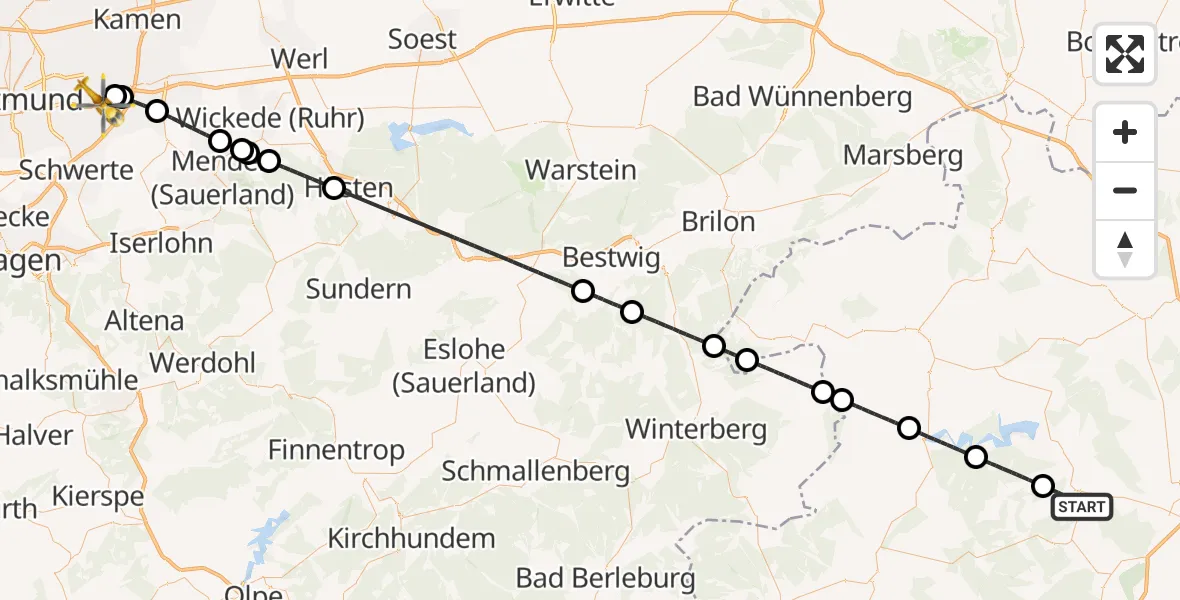Flugroute Rettungshubschrauber Bad Wildungen - Dortmund Flughafen, 18 September 2026, 10:37