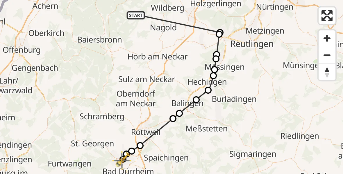 Flugroute Ambulanzhubschrauber Altensteig - DRF Air Rescue Station Villingen-Schwenningen Hubschrauberlandeplatz (Christoph 11), 18 September 2026, 10:46