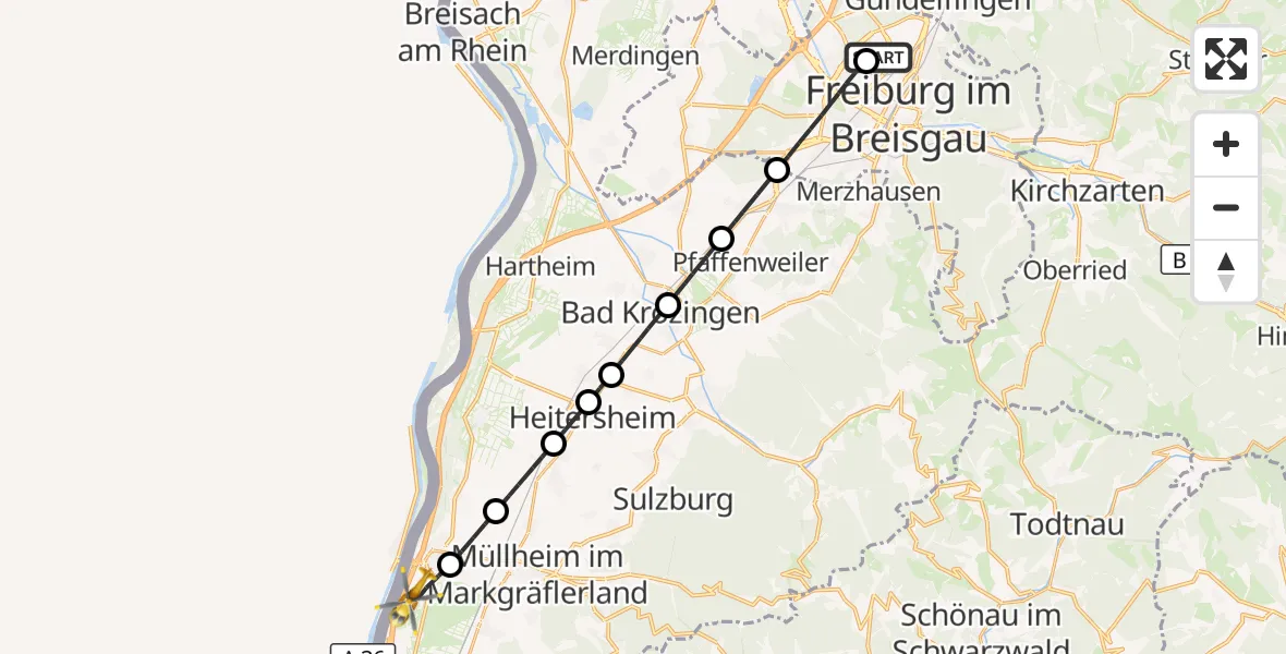 Flugroute Ambulanzhubschrauber Freiburg im Breisgau Flugplatz - Neuenburg am Rhein, 18 September 2026, 10:46