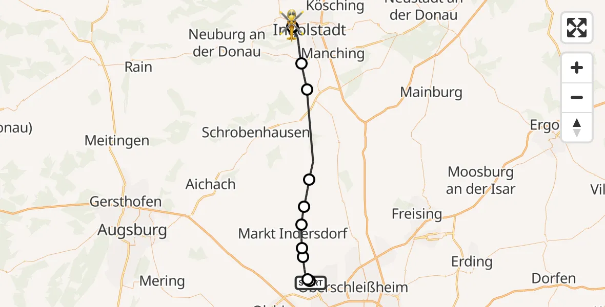 Flugroute Rettungshubschrauber Helios Clinic Dachau - Ingolstadt Hospital, 18 September 2026, 10:52