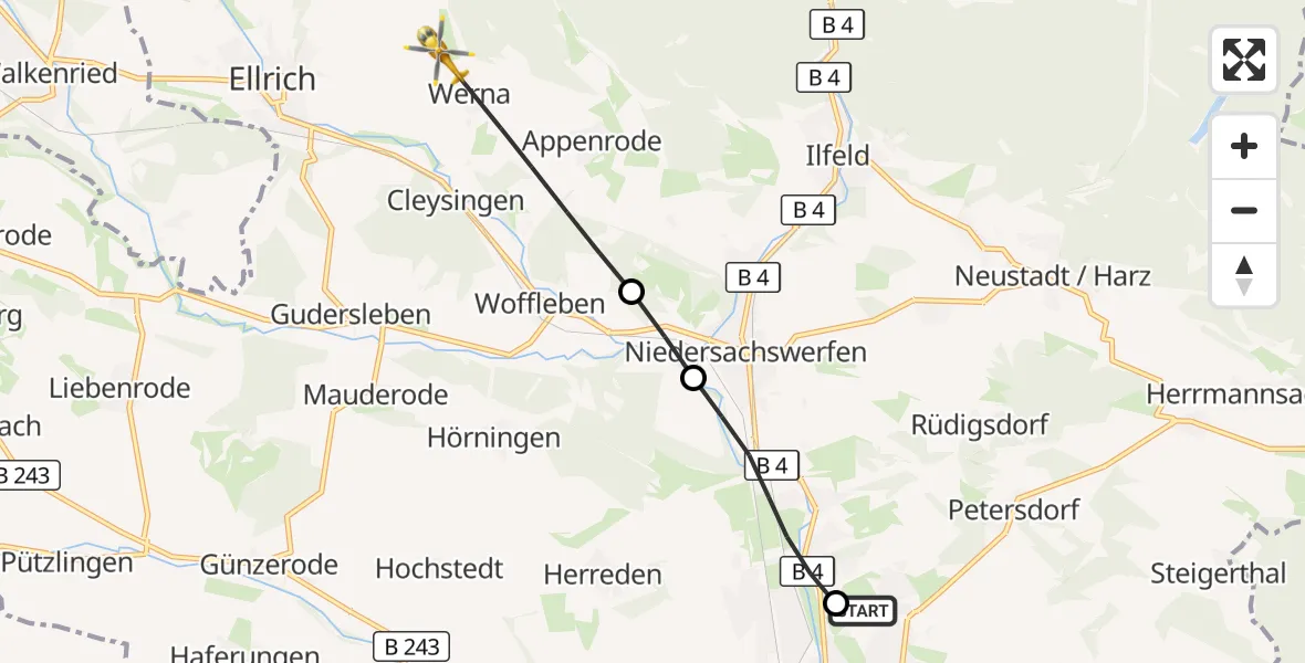 Flugroute Rettungshubschrauber Südharz Hospital Nordhausen - Ellrich, 18 September 2026, 10:54