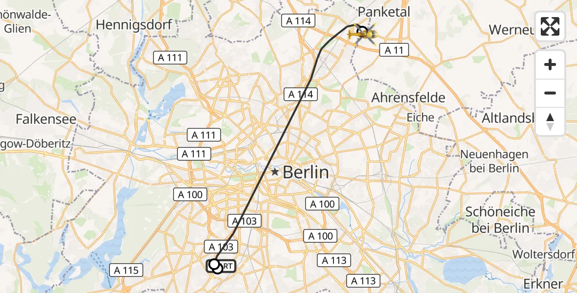Flugroute Rettungshubschrauber Charité Clinic Benjamin Franklin Campus - Helios Clinic Berlin-Buch, 18 September 2026, 10:58
