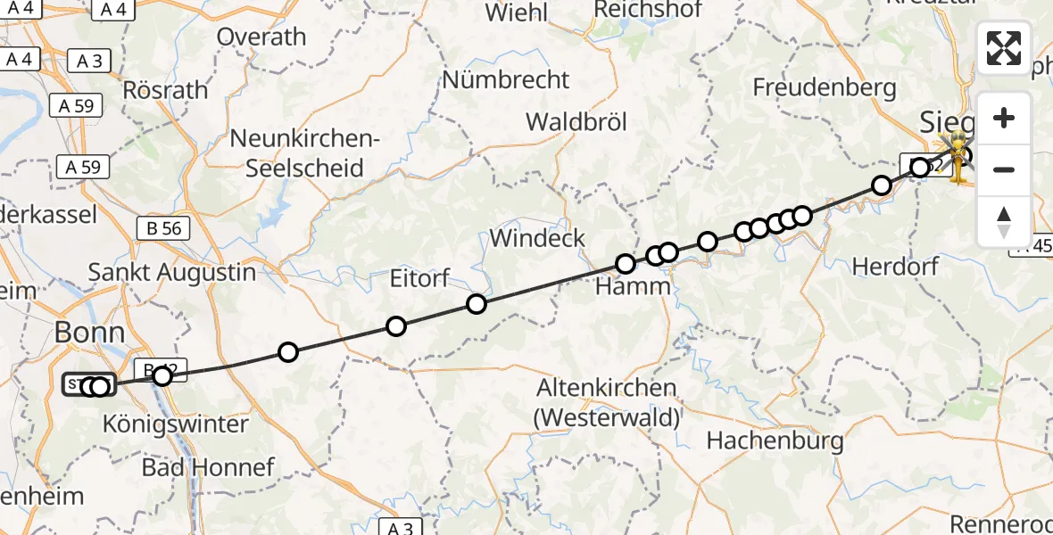 Flugroute Rettungshubschrauber Bonn University Hospital - Evangelisches Jung-Stilling Hospital, 18 September 2026, 11:04