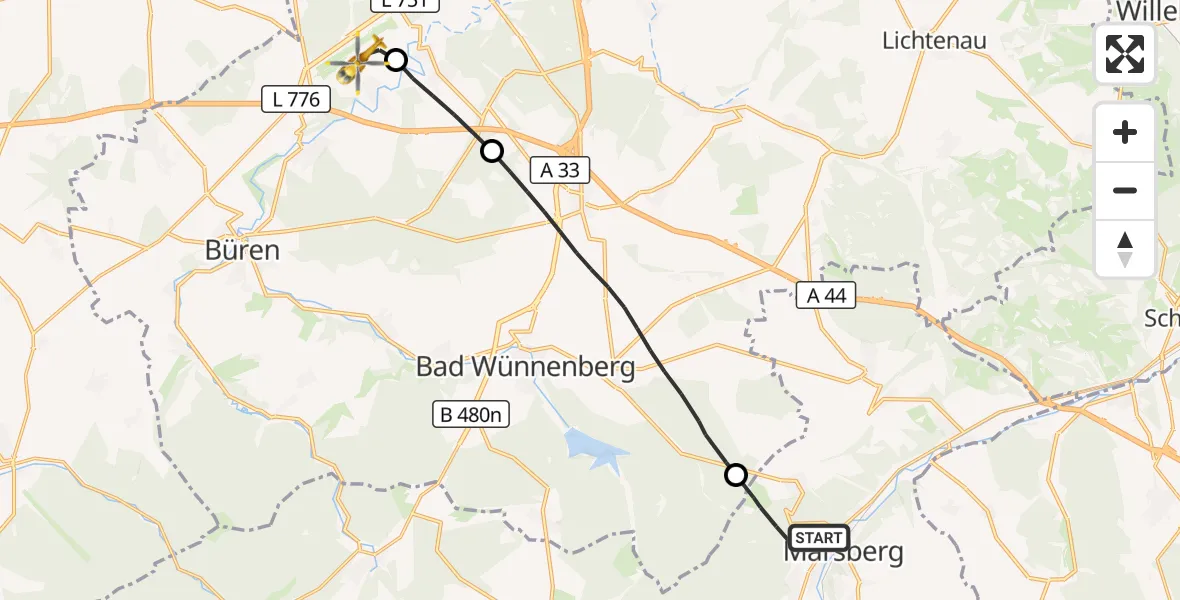 Flugroute Rettungshubschrauber Marsberg - Paderborn Lippstadt Flughafen, 18 September 2026, 11:06