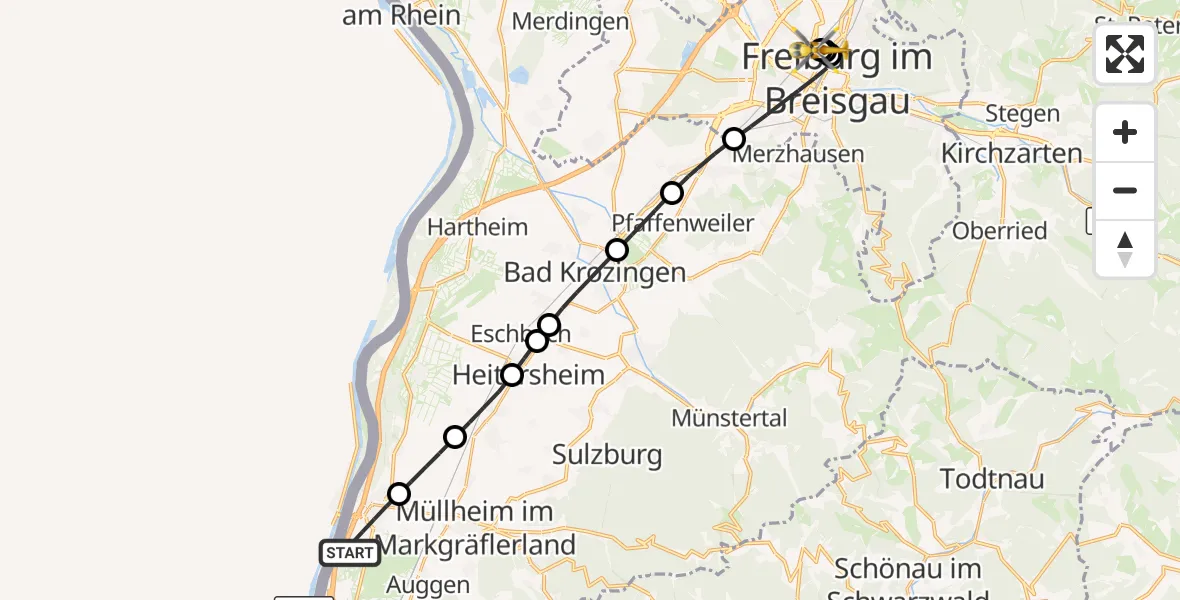 Flugroute Ambulanzhubschrauber Neuenburg am Rhein - Freiburg University Hospital Heliport 1, 18 September 2026, 11:12