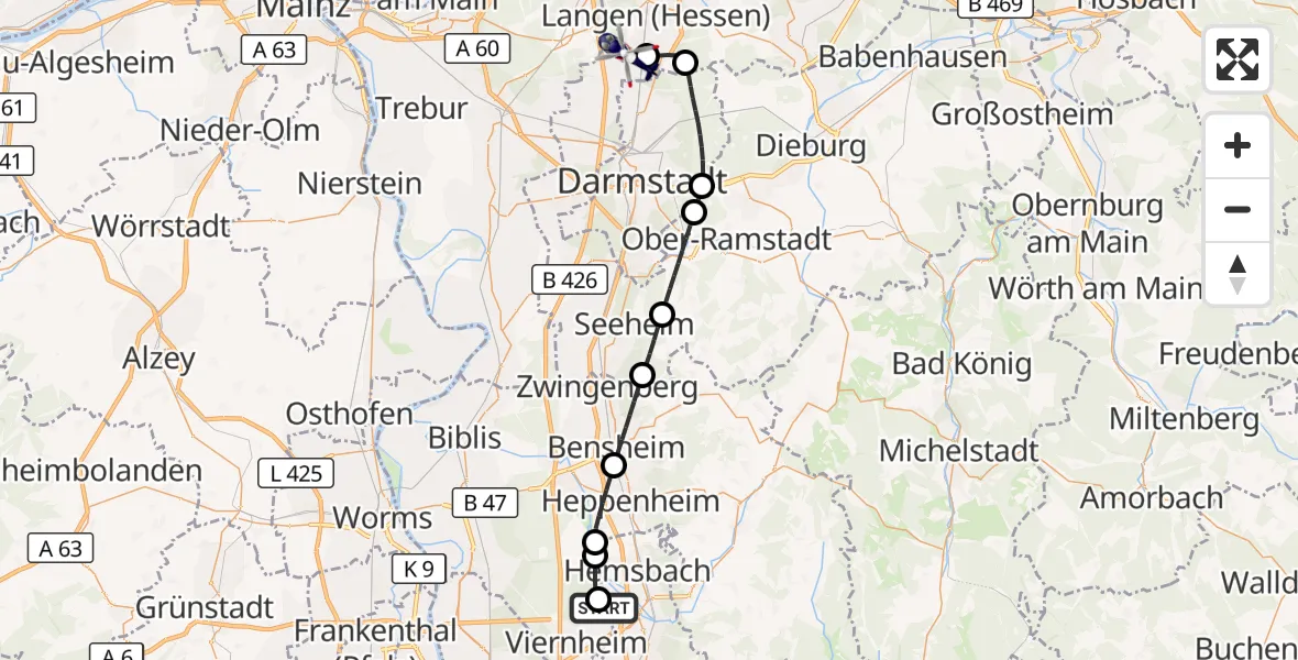 Flugroute Polizeihubschrauber Weinheim/Bergstraße Flugplatz - Flughafen Frankfurt-Egelsbach, 18 September 2026, 11:19