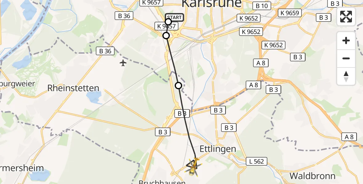 Flugroute Ambulanzhubschrauber Sankt Vincentius Hospital - Ettlingen, 18 September 2026, 11:19