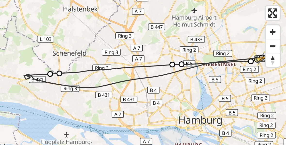 Flugroute Rettungshubschrauber Hamburg Military Hospital - Hamburg Military Hospital, 18 September 2026, 11:20