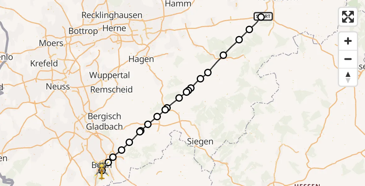 Flugroute Rettungshubschrauber Paderborn Lippstadt Flughafen - Bonn University Hospital, 18 September 2026, 11:24