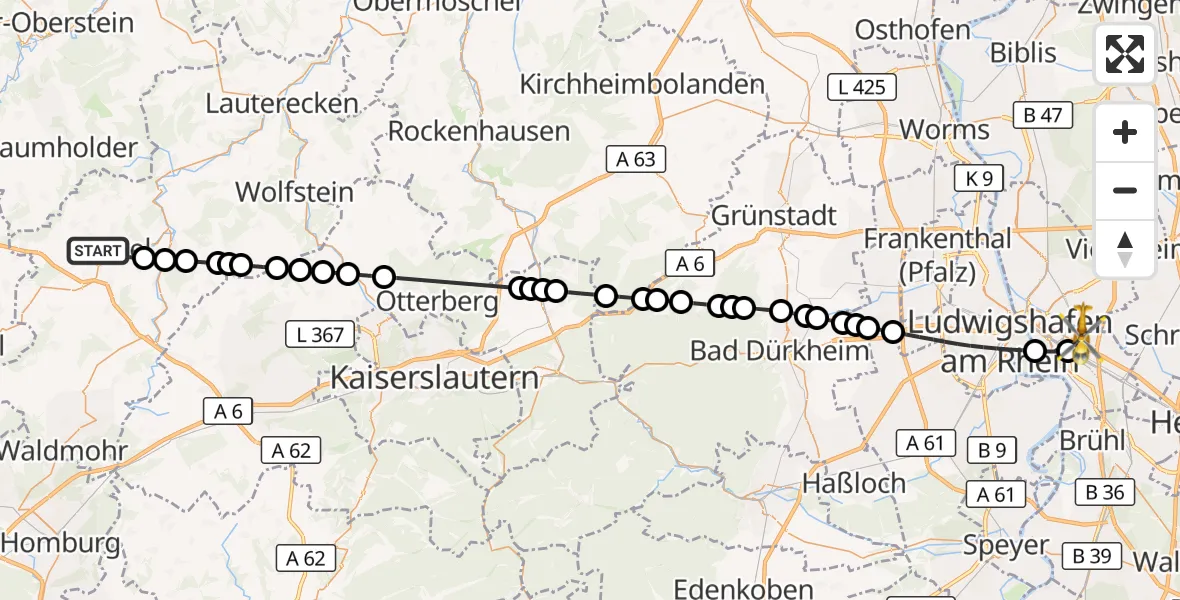 Flugroute Rettungshubschrauber Kusel - Mannheim-City Flughafen, 18 September 2026, 11:27