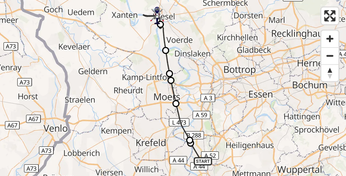 Flugroute Polizeihubschrauber Düsseldorf Flughafen - Wesel, 18 September 2026, 11:34