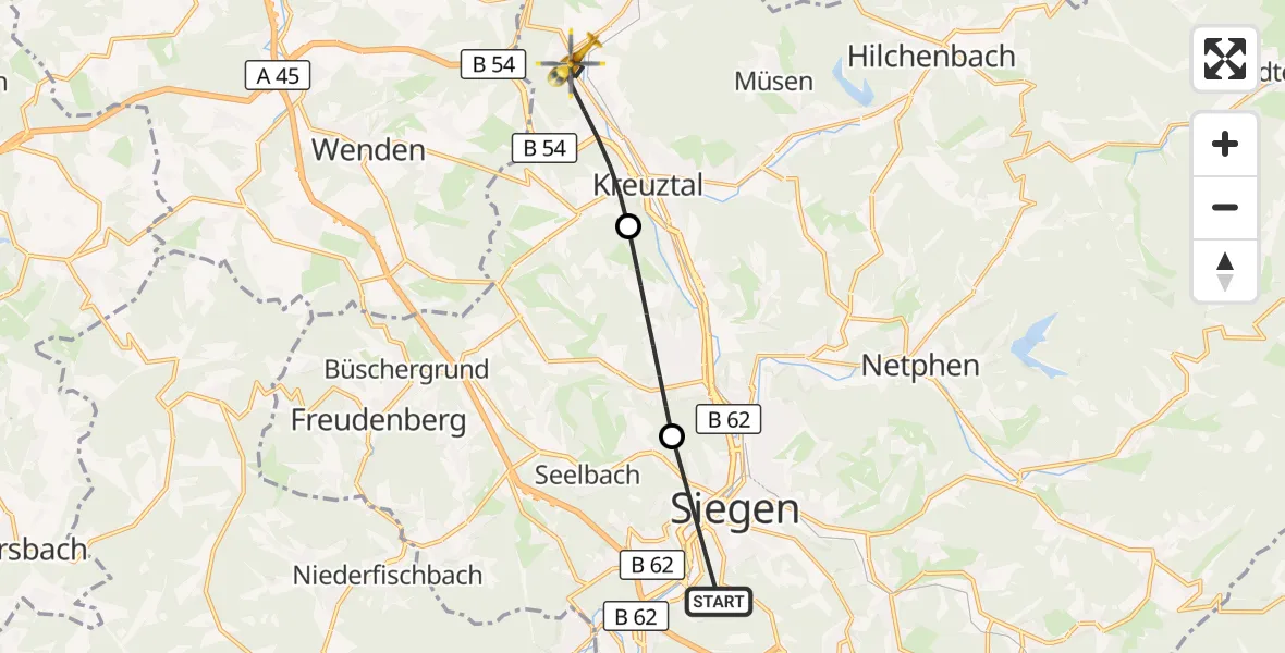 Flugroute Rettungshubschrauber Evangelisches Jung-Stilling Hospital - Kreuztal, 18 September 2026, 11:34