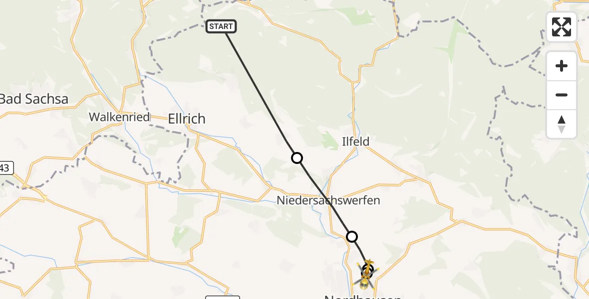 Flugroute Rettungshubschrauber Ellrich - Südharz Hospital Nordhausen, 18 September 2026, 11:36