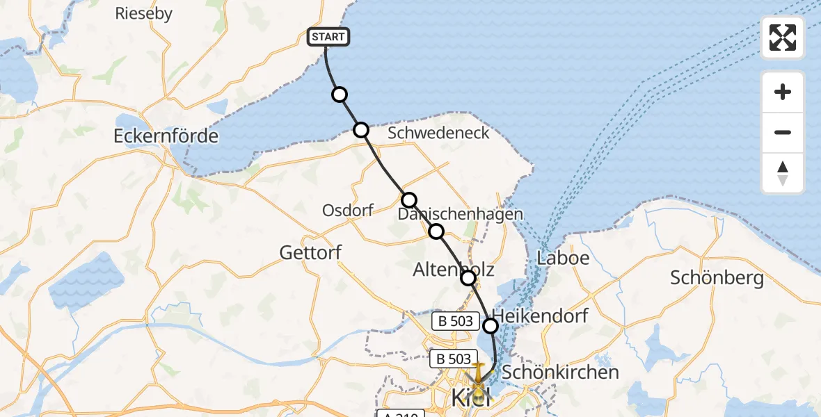 Flugroute Ambulanzhubschrauber Waabs - Kiel, 18 September 2026, 11:42