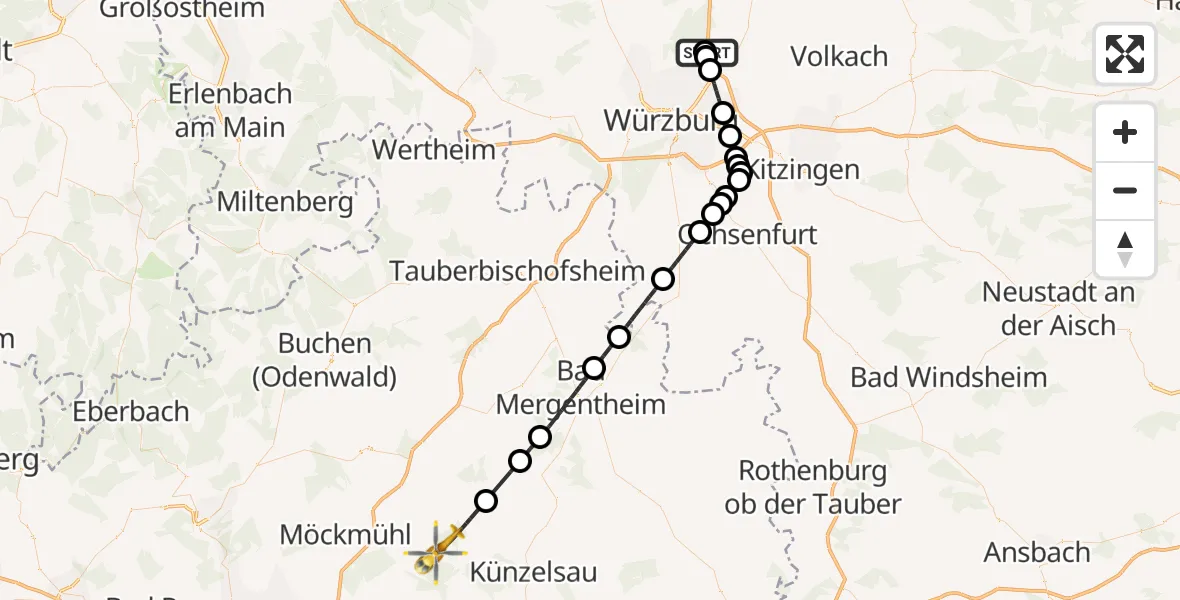 Flugroute Rettungshubschrauber Unterpleichfeld - Schöntal, 18 September 2026, 11:45