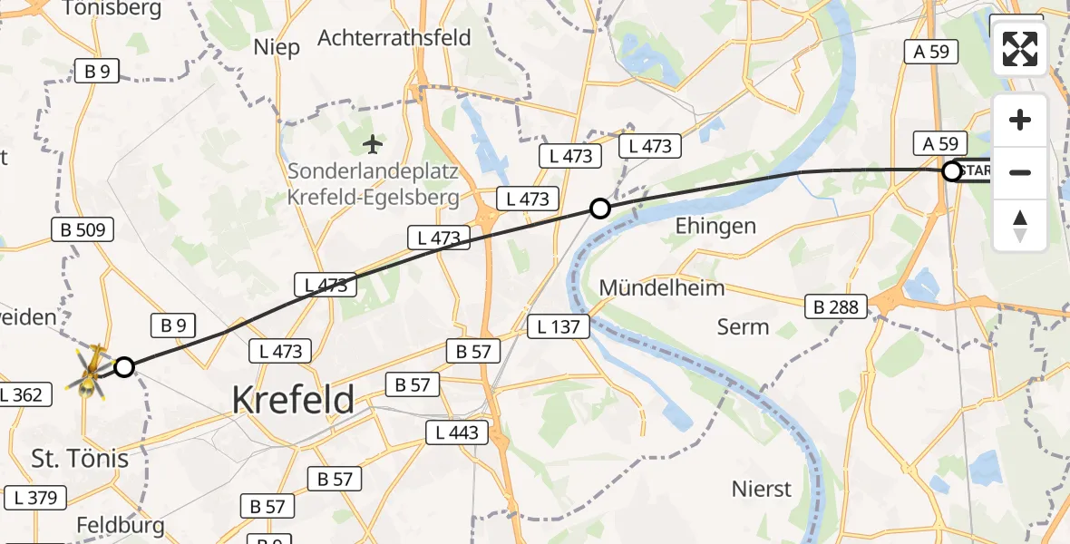 Flugroute Rettungshubschrauber Duisburg Air Rescue Hubschrauberlandeplatz (Christoph 9) - Tönisvorst, 18 September 2026, 11:51