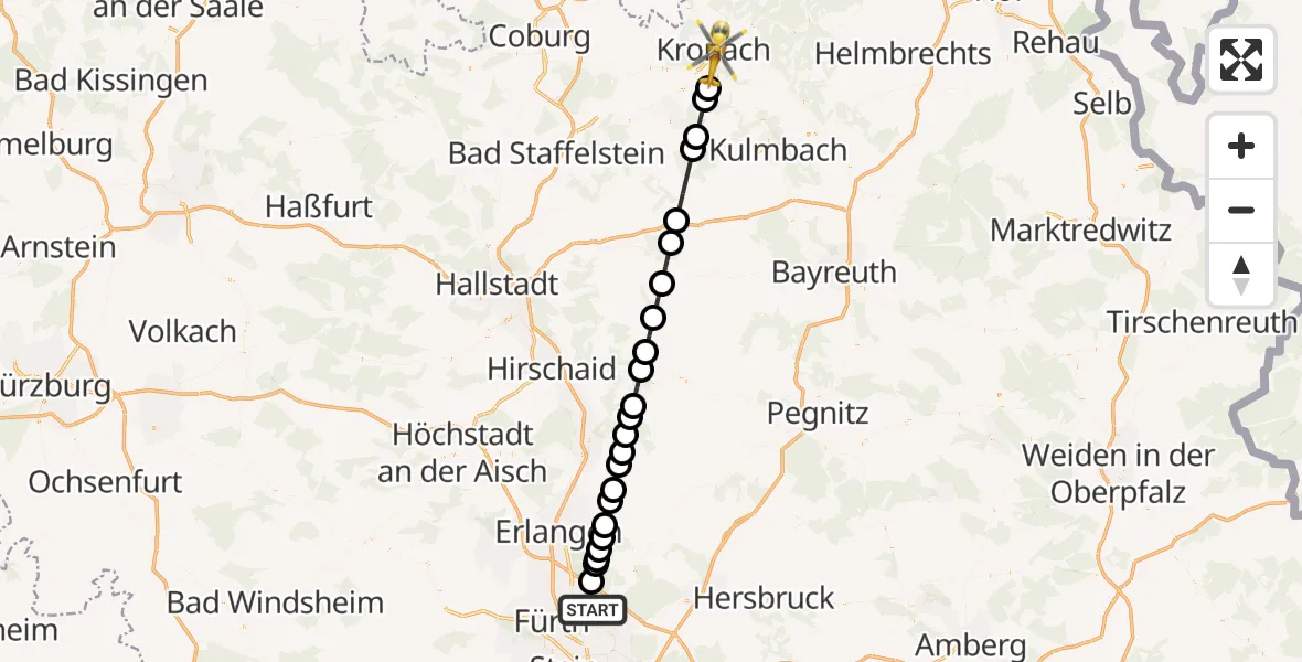 Flugroute Rettungshubschrauber Flughafen Nuremberg - Kronach, 18 September 2026, 11:52