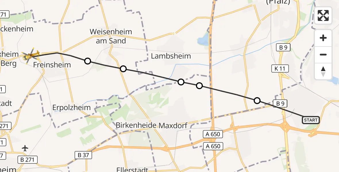 Flugroute Rettungshubschrauber Ludwigshafen am Rhein - Freinsheim, 18 September 2026, 11:56