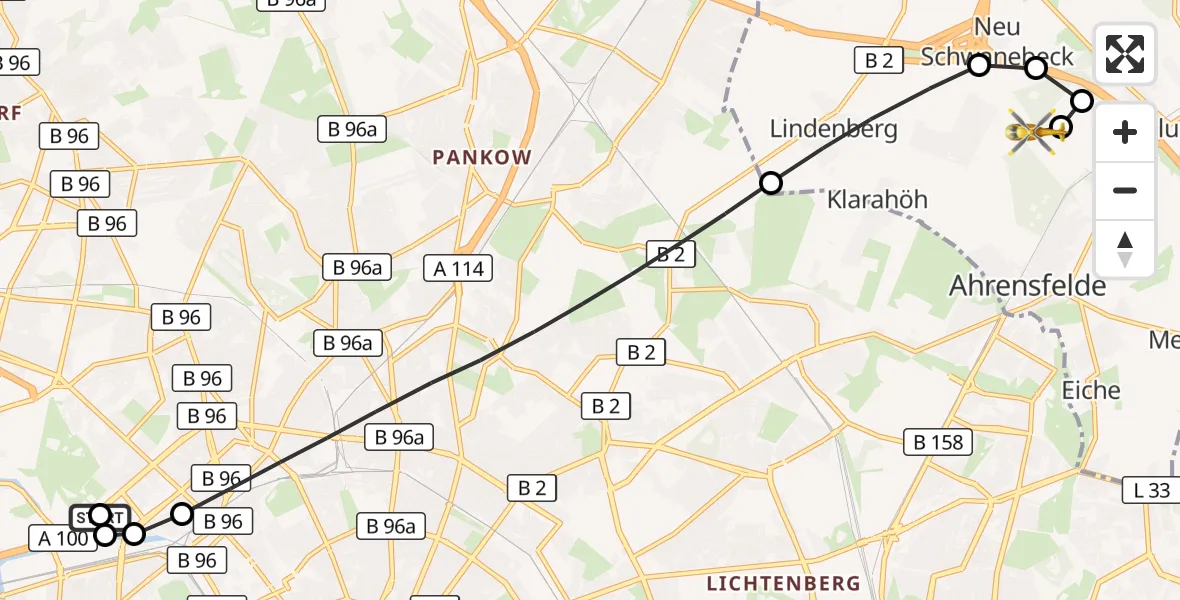 Flugroute Rettungshubschrauber Charité Clinic Virchow Campus - Ahrensfelde Hubschrauberlandeplatz, 18 September 2026, 11:57