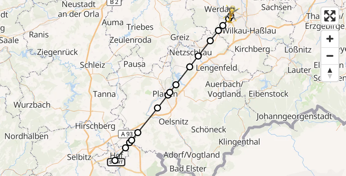 Flugroute Rettungshubschrauber Sana Clinic Hof Hubschrauberlandeplatz - ADAC Air Rescue Station Zwickau Hubschrauberlandeplatz, 18 September 2026, 12:03