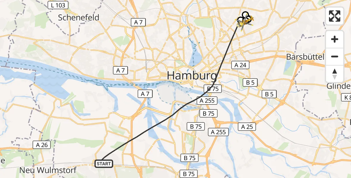 Flugroute Rettungshubschrauber Hamburg - Hamburg Military Hospital, 18 September 2026, 12:04