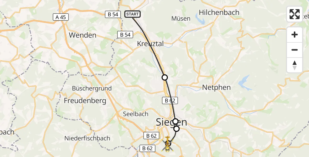 Flugroute Rettungshubschrauber Kreuztal - Evangelisches Jung-Stilling Hospital, 18 September 2026, 12:04