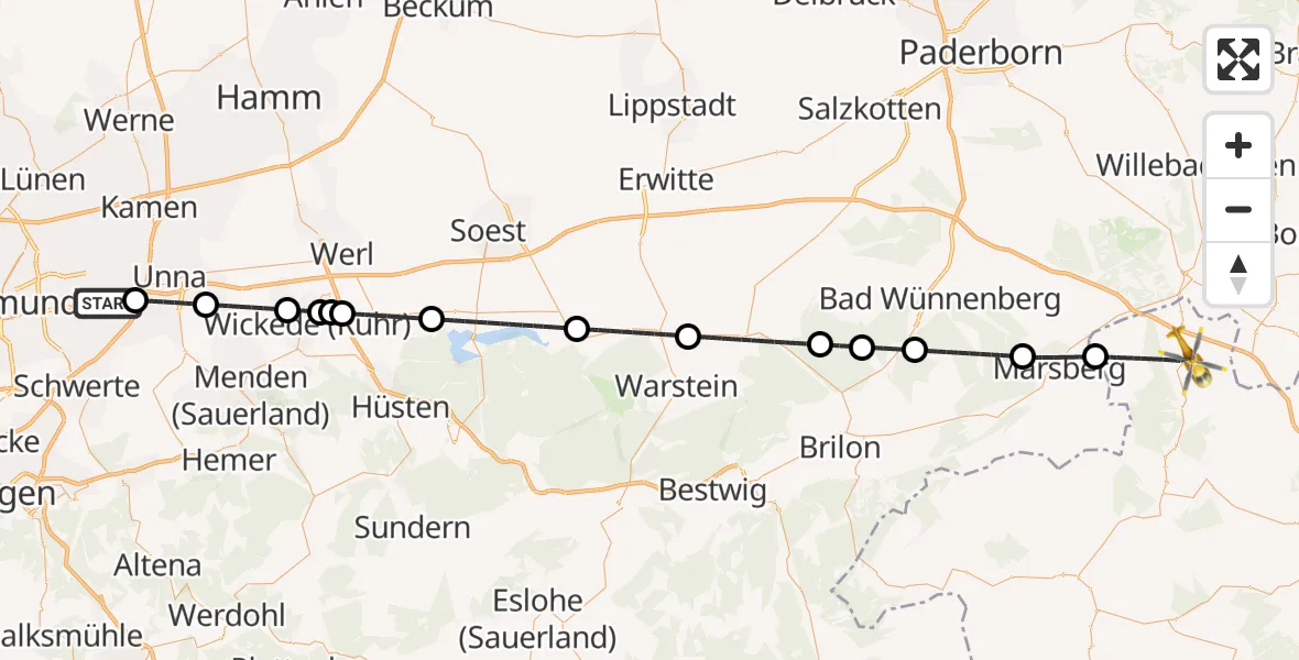 Flugroute Rettungshubschrauber Dortmund Flughafen - Diemelstadt, 18 September 2026, 12:10