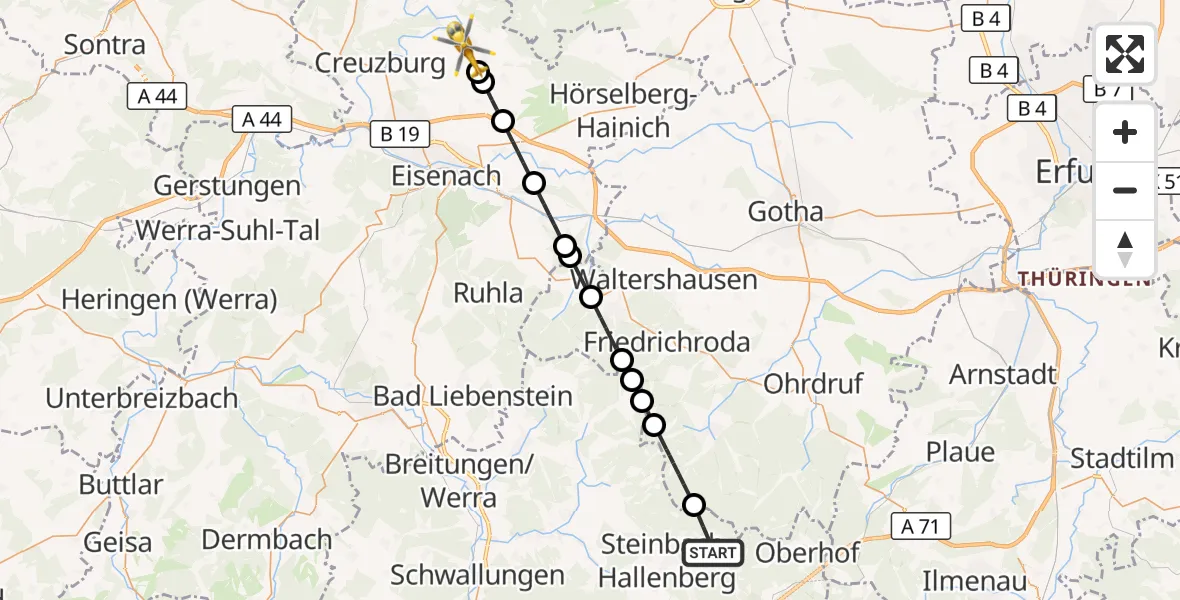 Flugroute Rettungshubschrauber Steinbach-Hallenberg - Lauterbach, 18 September 2026, 12:10