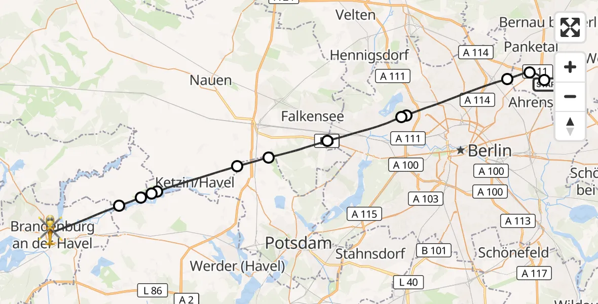 Flugroute Rettungshubschrauber Ahrensfelde Hubschrauberlandeplatz - Brandenburg an der Havel, 18 September 2026, 12:19