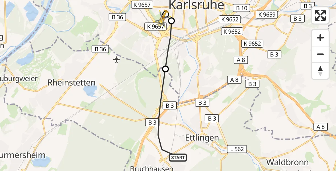 Flugroute Ambulanzhubschrauber Ettlingen - Sankt Vincentius Hospital, 18 September 2026, 12:22